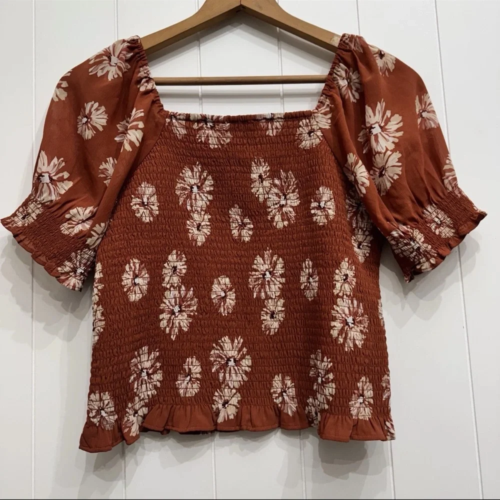Madewell Georgette Lucie Puff Sleeve Smocked Top Rust Floral Square Neck Size M